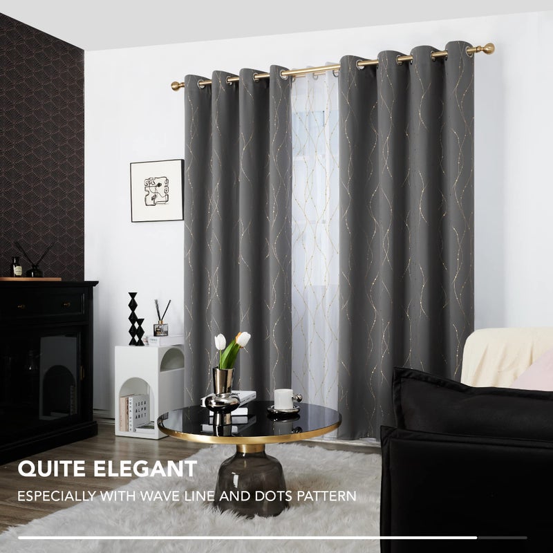 Deconovo Blackout Curtains 2 Panels for Bedroom and Living Room, Gold Foil Wave Lines and Dots, Thermal Insulated Room Darkening Grommet Window Drapes for Nursery and Kids Room, Grey, 52W x 84L Inch - Image 4